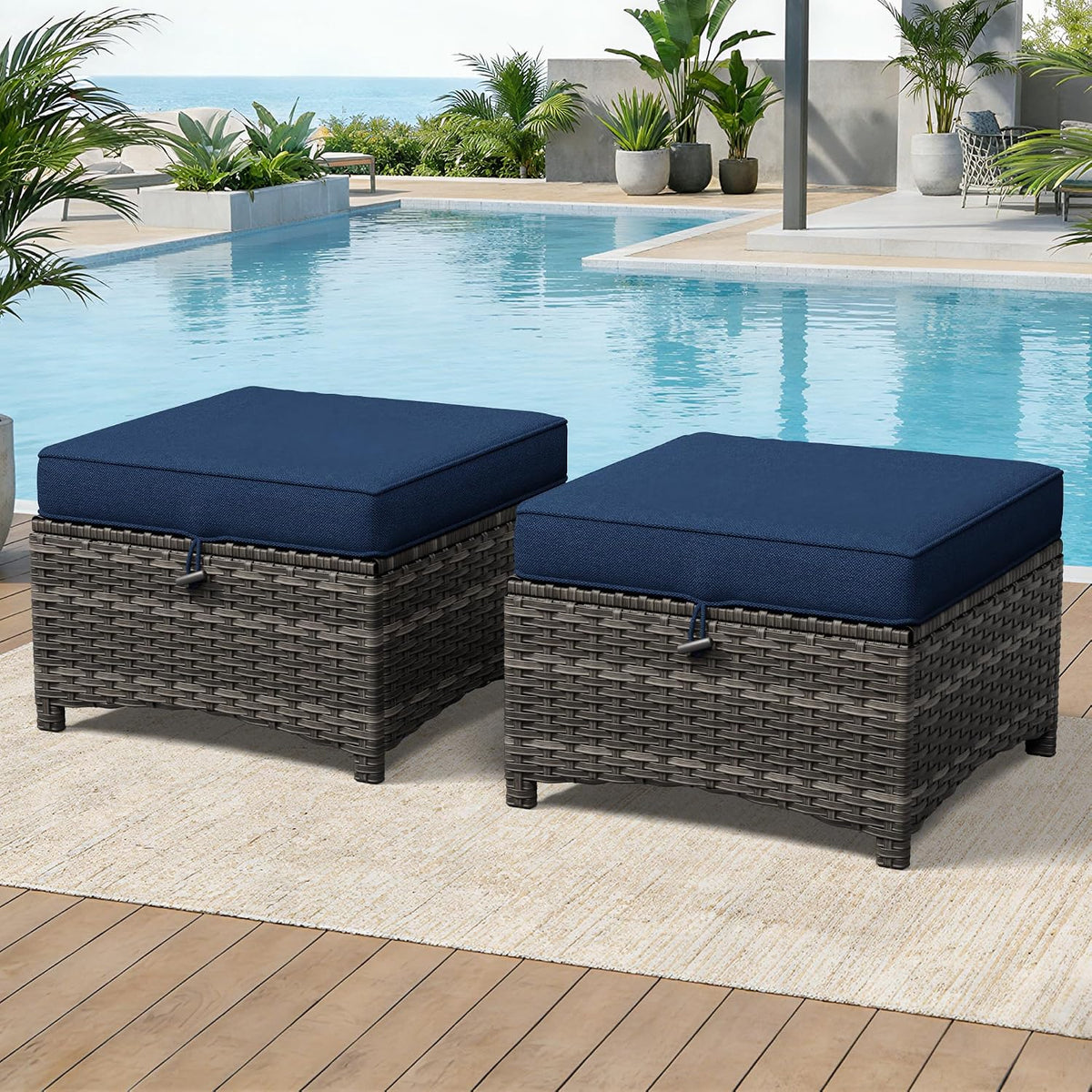 Patio Ottomans Set of 2, 22"x 22"x 18" Outdoor Wicker Footstool with Cushion, Blue, for Garden, Backyard, Deck, Porch, Balcony, Poolside