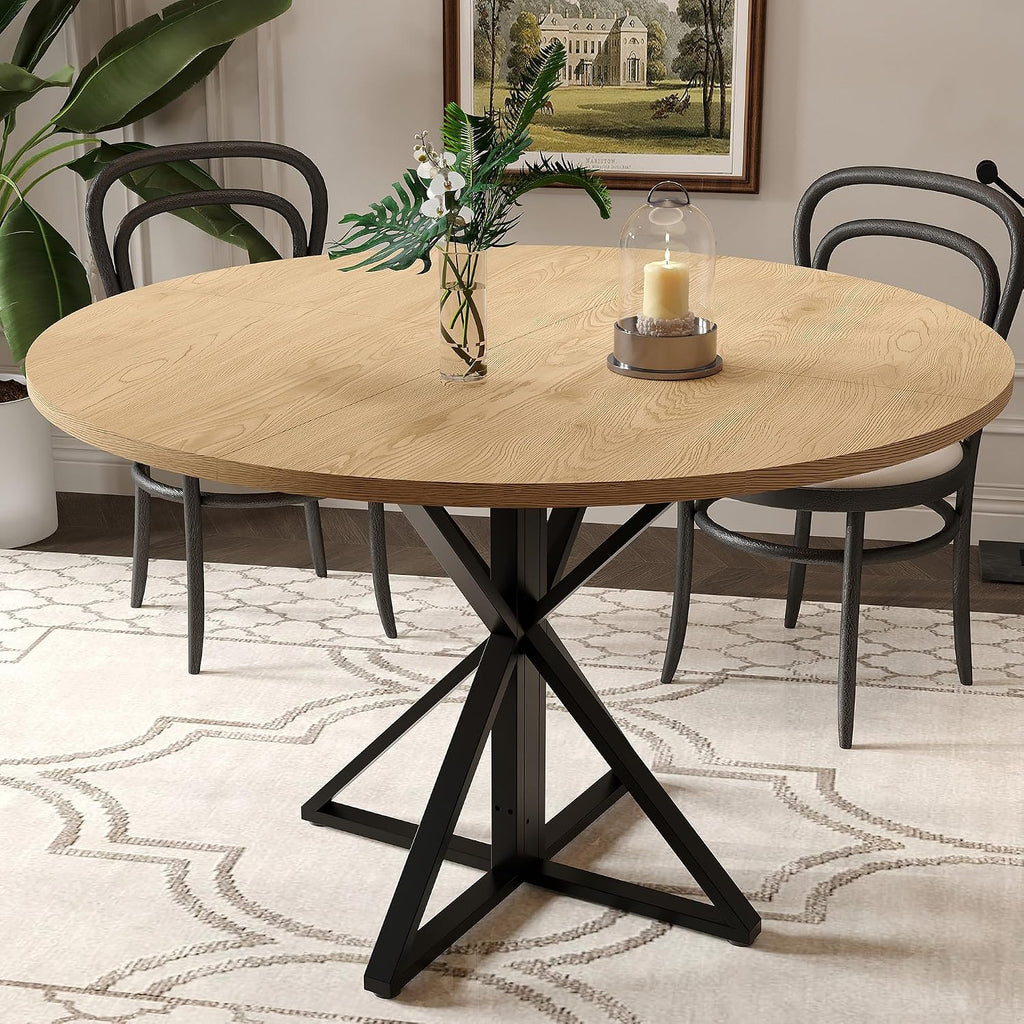 GarveeHome 47 Inch Round Dining Table for 4-6, Circle Kitchen Table with Pedestal Base, Farmhouse Wooden Dining Table for Small Spaces, Kitchen & Dining Room, Living Room-Oak/Only Table