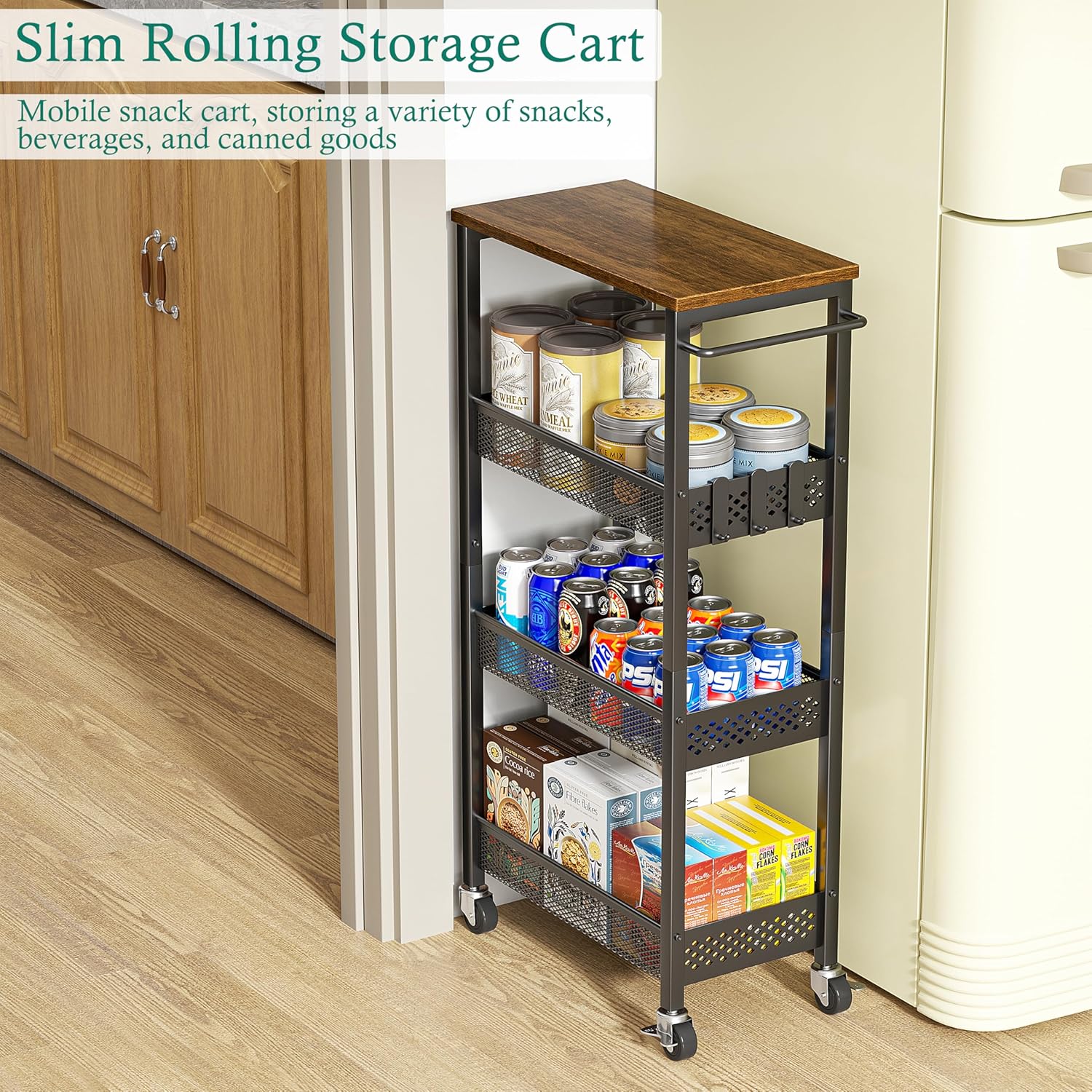XYZLVSI Slim Rolling Storage Cart, 4 Tier Small Bathroom Cart Organizer | 9.1" W narrow storage cabinet with wooden top and metal handle, ideal for kitchen/dorm, between washer and dryer storage