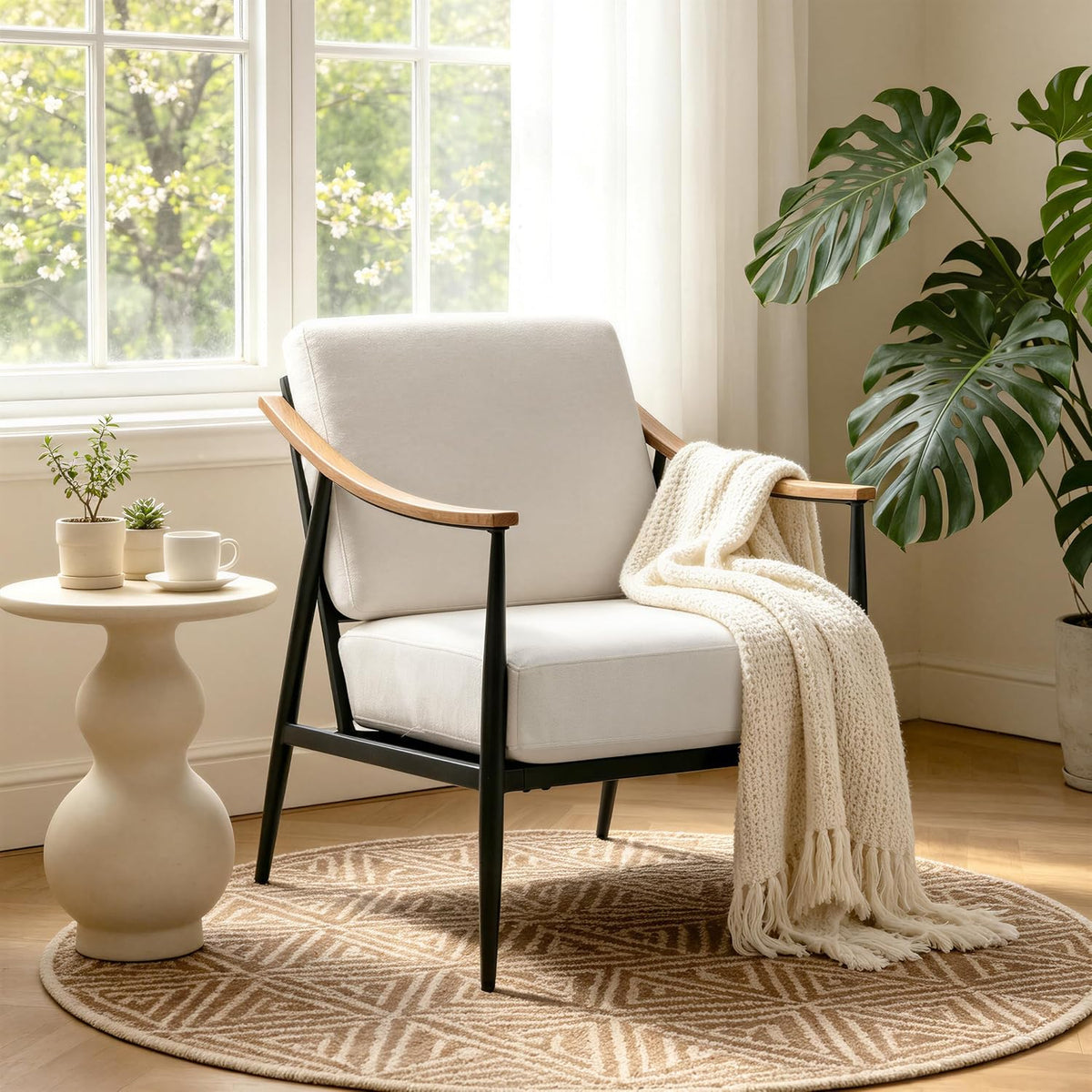 RNKSFX Modern Accent Chair for Living Room Bedroom Mid Century Arm Chair Upholstered Office Accent Chair Comfy Waiting Room Chair with Metal Frame, Cream White