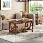 WLIVE 39.4" Farmhouse Coffee Table, Wood Center Table Storage Dark Brown
