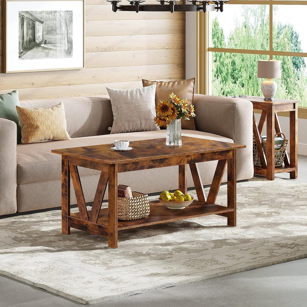 WLIVE 39.4" Farmhouse Coffee Table, Wood Center Table Storage Dark Brown