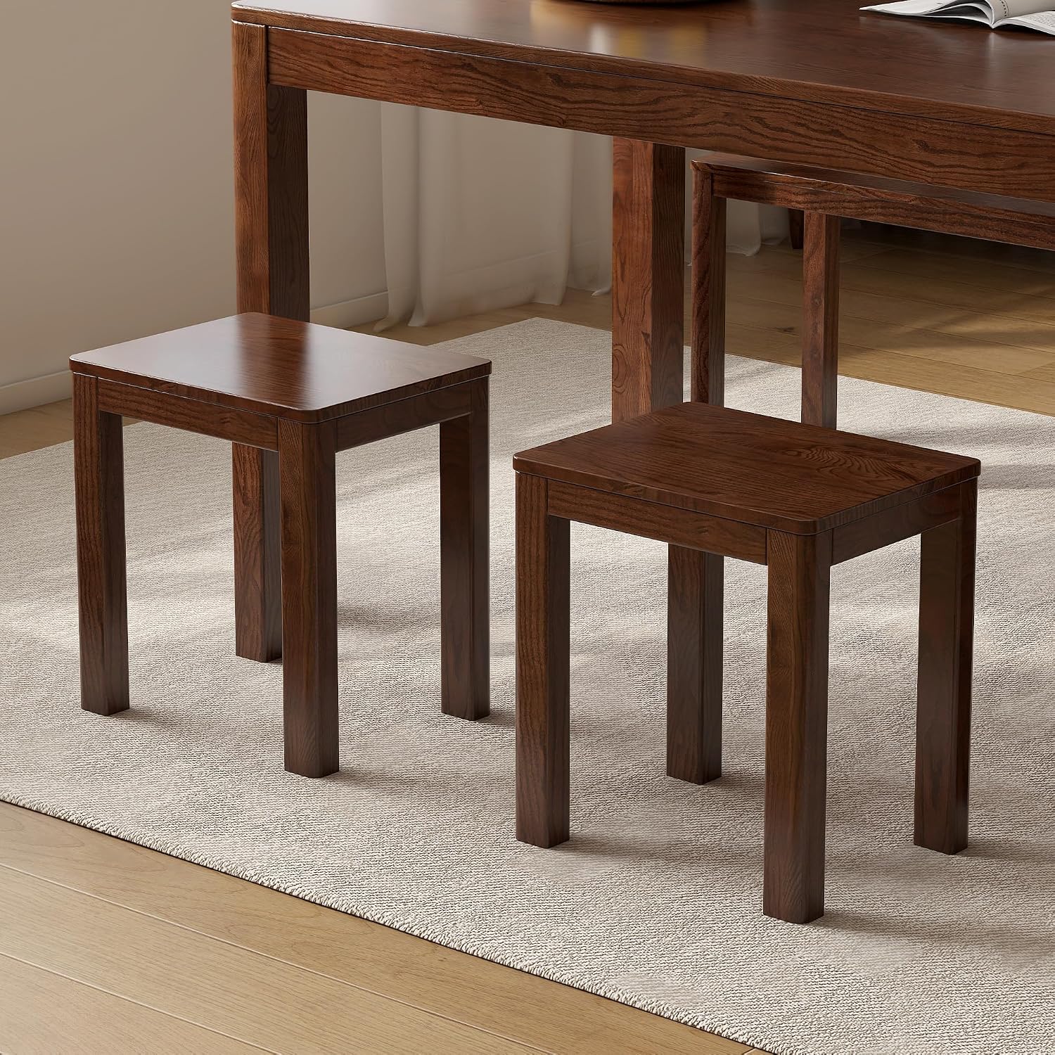 100% Solid Wood End Table for Living Room, Walnut Dining Stools with Round Edges, 17-inch Step Stool Vanity Ottoman Footrest for Dining Room Living Room Entryway
