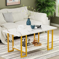 AWQM Marble Coffee Table, Faux Marble Top Rectangular Coffee Table with Gold Metal Frame, 2 Tier Living Room Table for Living Room, Office, Balcony, 40 Inch, White and Gold