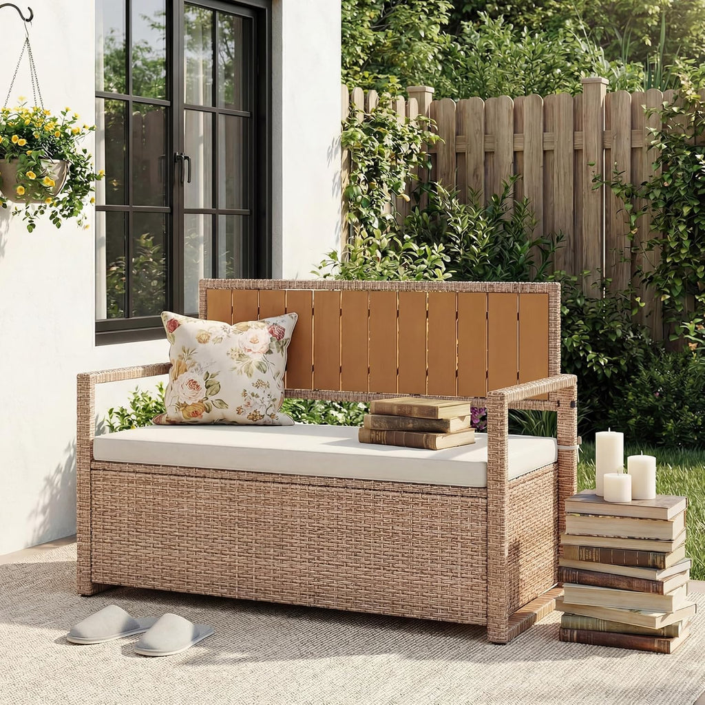 GarveeLife Wicker Storage Ottoman with Cushion, Indoor Outdoor Rattan Storage Stool, Iron Frame with WPC Top, Waterproof Seat Cushion, Patio Balcony Living Room Furniture, Yellow Rattan
