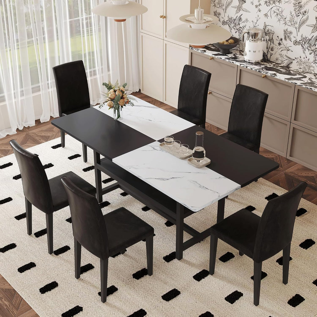 71" Dinner Table Set for 6, Modern Dining Table Set for 6, Black and White Splicing Tabletop with Storage Shelf, White Faux Marble Dining Table and 6 Black Upholstered Chairs for Kitchen, Dining Room