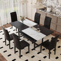 71" Dinner Table Set for 6, Modern Dining Table Set for 6, Black and White Splicing Tabletop with Storage Shelf, White Faux Marble Dining Table and 6 Black Upholstered Chairs for Kitchen, Dining Room
