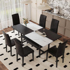 71" Dinner Table Set for 6, Modern Dining Table Set for 6, Black and White Splicing Tabletop with Storage Shelf, White Faux Marble Dining Table and 6 Black Upholstered Chairs for Kitchen, Dining Room