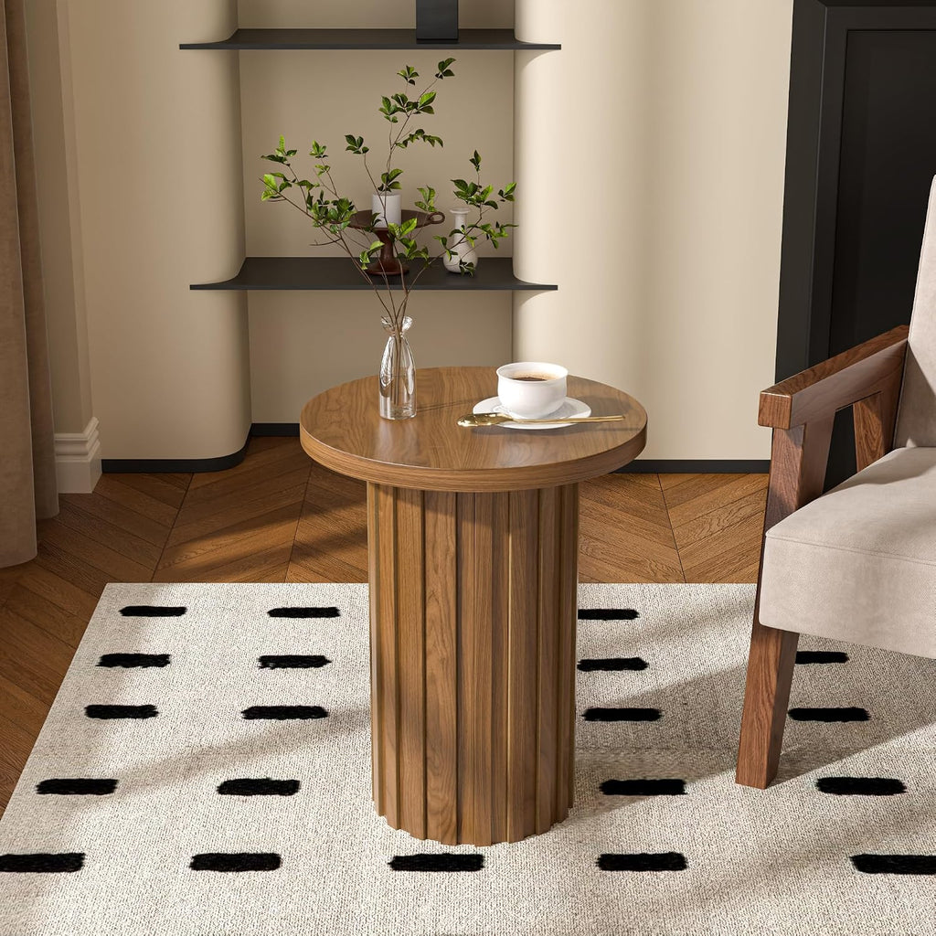 Fsbecl Farmhouse Pedestal End Table Round Side Table with Fluted Panel Rustic Drink Table for Small Space Living Room (Walnut)