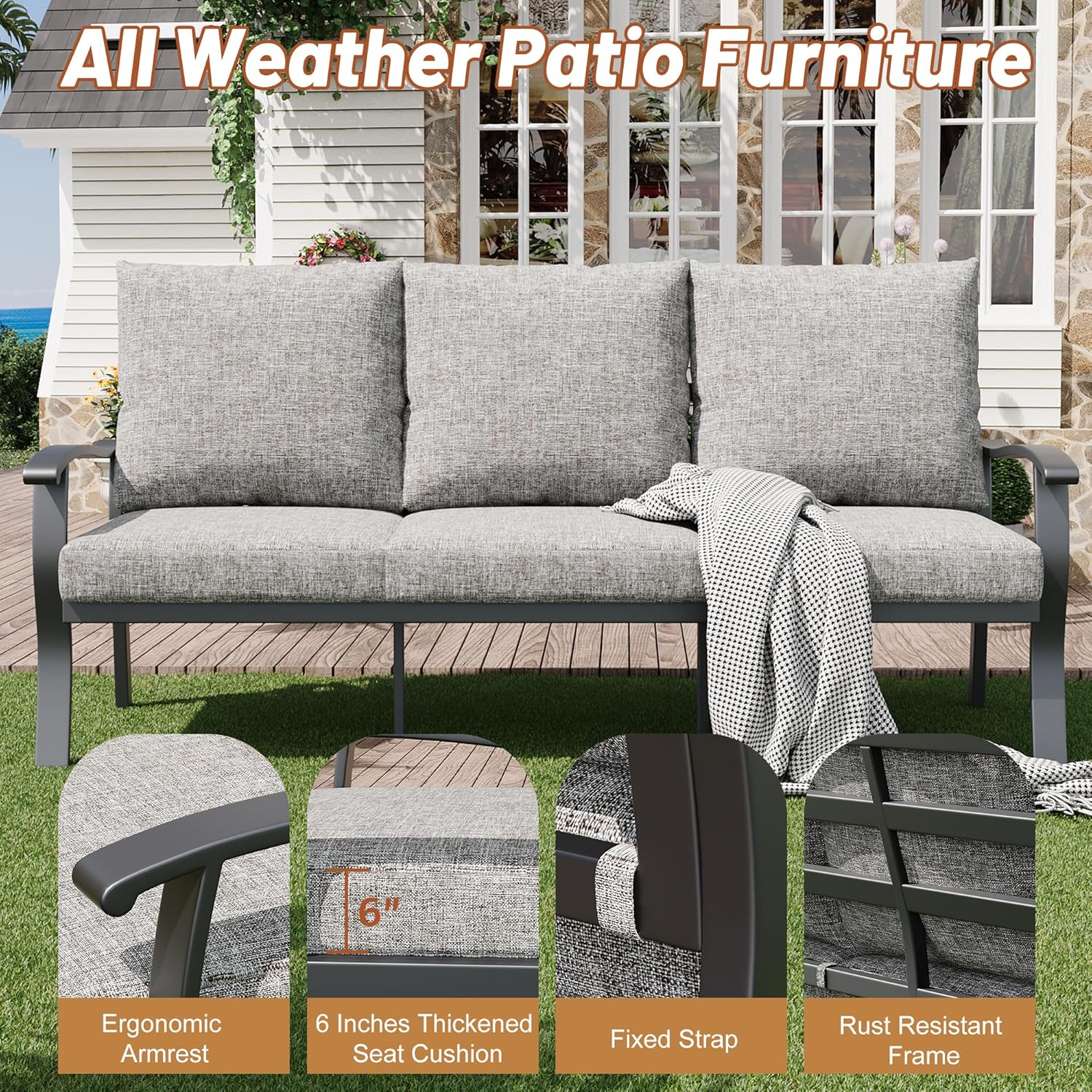 HOMREST Outdoor Couch Aluminum Patio Furniture Sofa, 3-Seat All-Weather Metal Outdoor Patio Furniture with Cushions, Grey