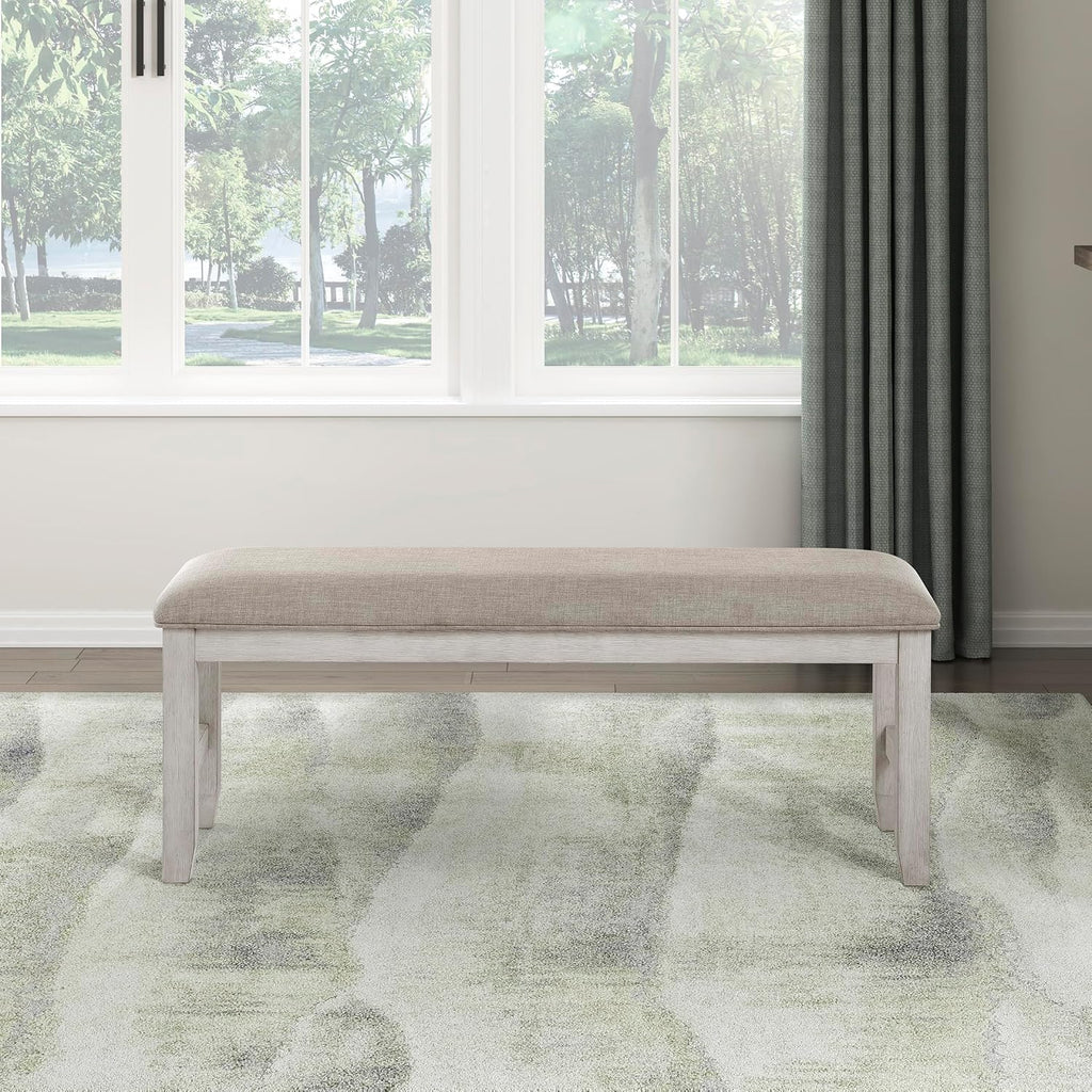 Lexicon Dining Bench with Padded Seat and Wooden Frame, Entryway Bench, Light Gray Textured Fabric Upholstered Dining Seat for Kitchen/Living Room, 19.5" SH, Brushed Antique White