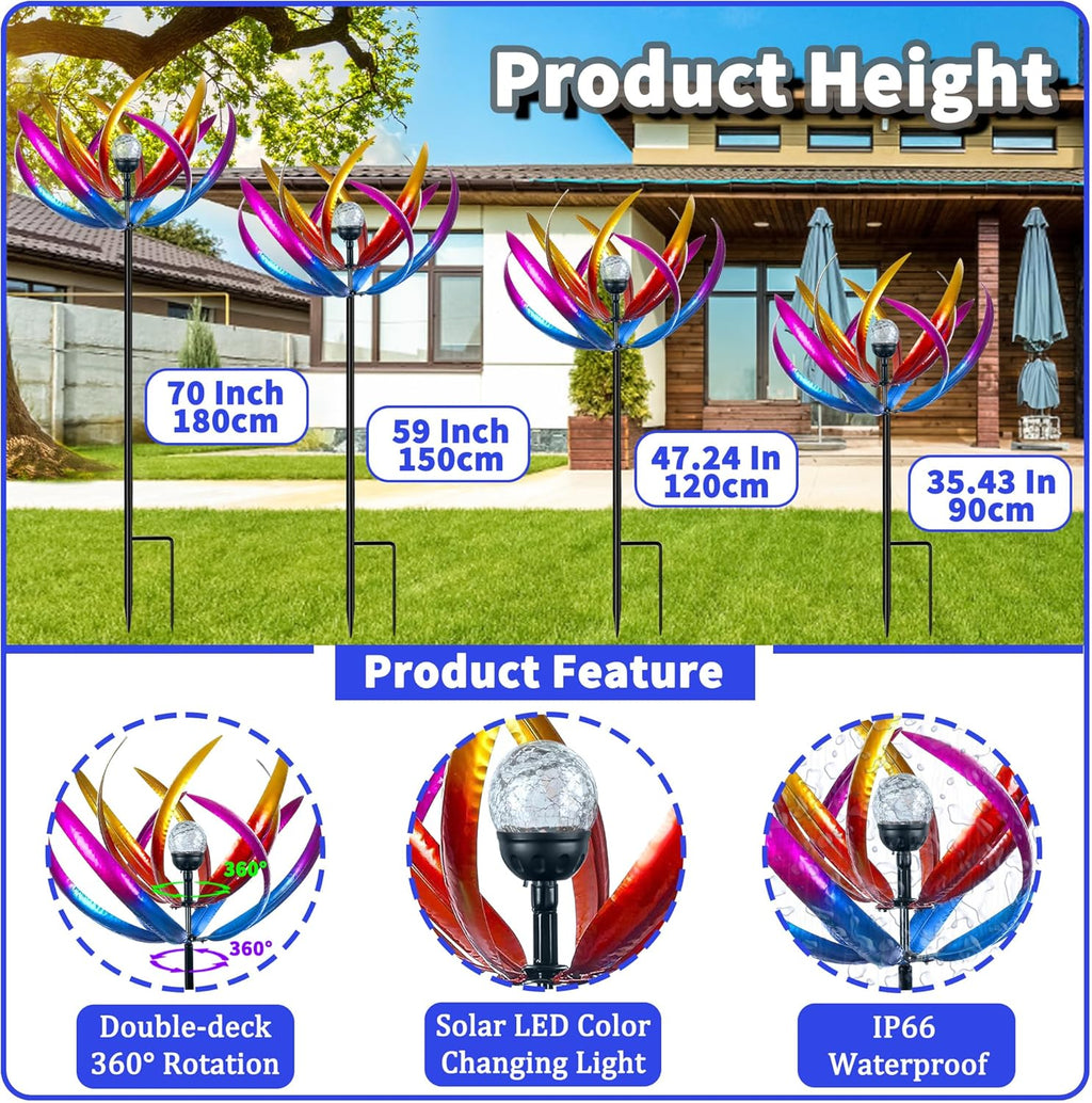 Wind Spinners Outdoor for Yard and Garden - Wind Sculptures & Spinners - 70 Inch Wind Spinner with Solar Powered Multi-Color Glass Ball Light for Yard Garden Backyard Lawn Decorations