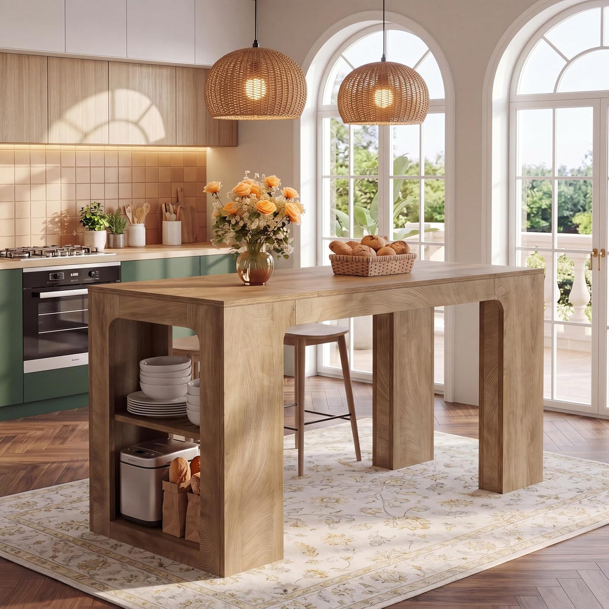 Tribesigns 63'' Long Kitchen Island with Storage, Wooden Counter Height Stationary Island Stand with 2 Shelves and Spacious Legroom, High Top Table for Kitchens, Brown, 2PCS
