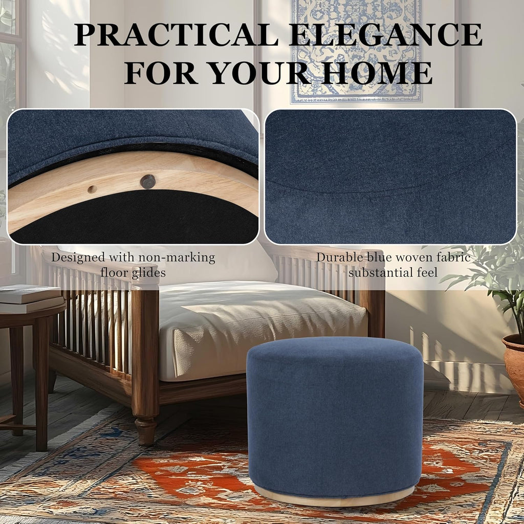Spatial Order 22" Round Ottoman with Wooden Base - Blue Woven Fabric