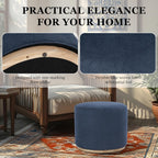 Spatial Order 22" Round Ottoman with Wooden Base - Blue Woven Fabric