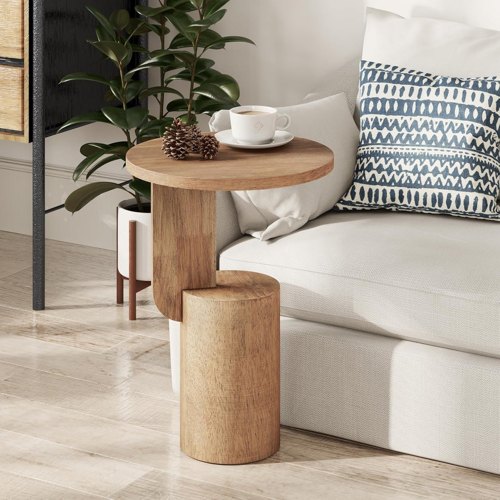 COZAYH Modern Farmhouse Small Drink Table with Geometric Design Base, Minimalist Tall End Table for Small Space, Natural