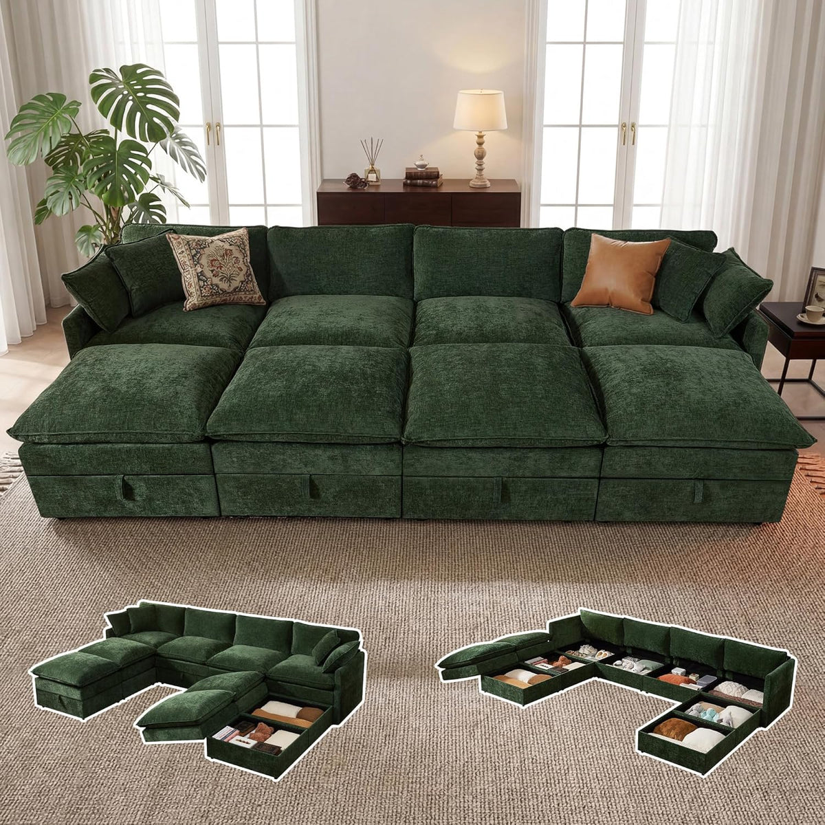 Myroyalsit Modular Sofa with Storage, 135" Sleeper Sofa Bed Sectional Cloud Couch, Oversized Fabric Couch with Movable Ottoman, 8 Seat Modern Deep Seat Sofa for Living Room (Green Chenille)