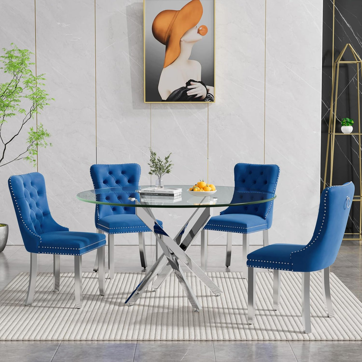Round Glass Dining Table Set for 4, Small Kitchen Table Set for 4, 47" Round Glass Table and Chairs Set of 4, 5 Piece Round Dining Room Table Set w/Navy Blue Velvet Chairs for Breakfast Dinette Cafe