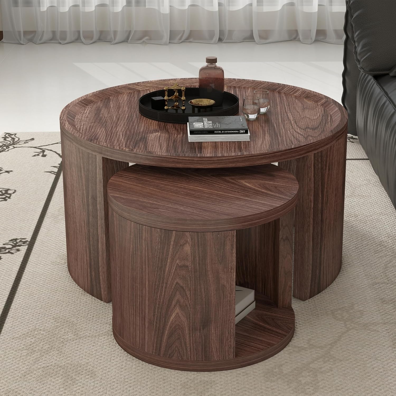 Round Nesting Coffee Table Set 2 with Storage for Small Space, Walnut | Wood Round Center Table Set 2, 2-piece Small Stacking Side Table with Wood Top, Versatile for Bedroom Balcony Apartment