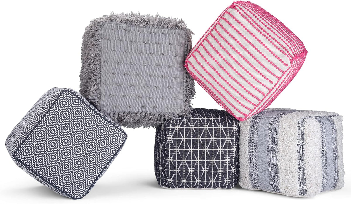 SIMPLIHOME Grady 18" Wide Square Pouf in Blue/Natural Wool and Cotton | Contemporary footstool, extra seating for living room with polystyrene bead filling, assembled; floor cushion or accent seat.