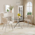 Round Glass Dining Table Set for 2, 36'' Small Minimalist Kitchen Table Set with 2 Beige Modern Upholstered Dining Chairs, 3 Piece Luxury Circle Dining Room Set, Silver Base