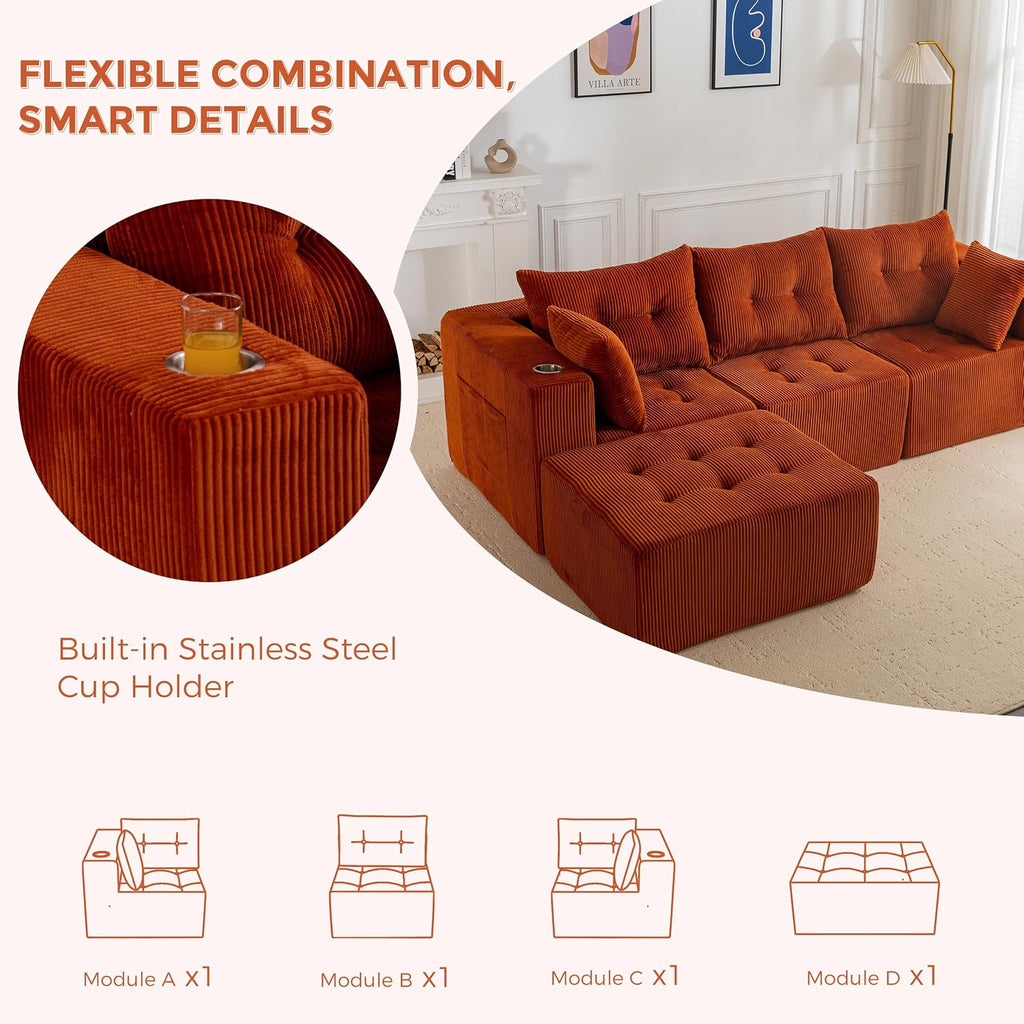 MAXYOYO Couch, L-Shaped Modular Cloud Couch, 4-Seat Sofa, Ottoman | Orange Tufted Sofa in a Box Includes One Ottoman, No Assembly, Offering Flexible 4-Seat Comfort for Modern Living Rooms
