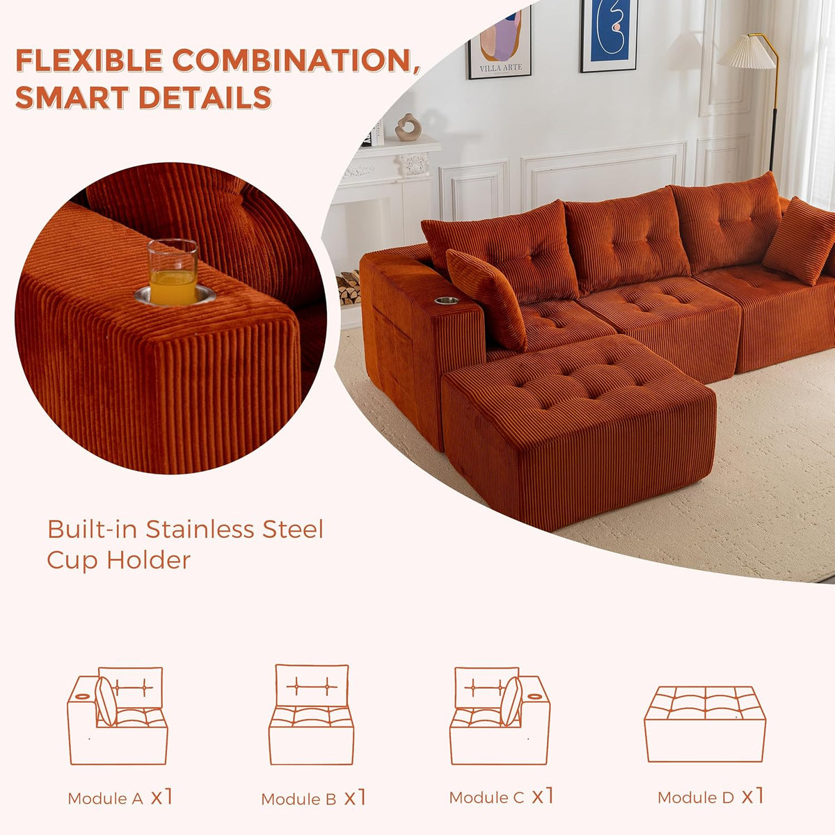 MAXYOYO Couch, L-Shaped Modular Cloud Couch, 4-Seat Sofa, Ottoman | Orange Tufted Sofa in a Box Includes One Ottoman, No Assembly, Offering Flexible 4-Seat Comfort for Modern Living Rooms