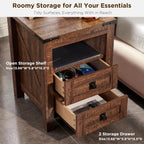T4TREAM 18" Farmhouse Nightstand Set of 2, Reclaimed Barnwood | Charging Station, Rustic End Table, Open Shelf, 2 Drawers, Living Room, Side Table, Wood Bedside Table, Unique Corner Accent