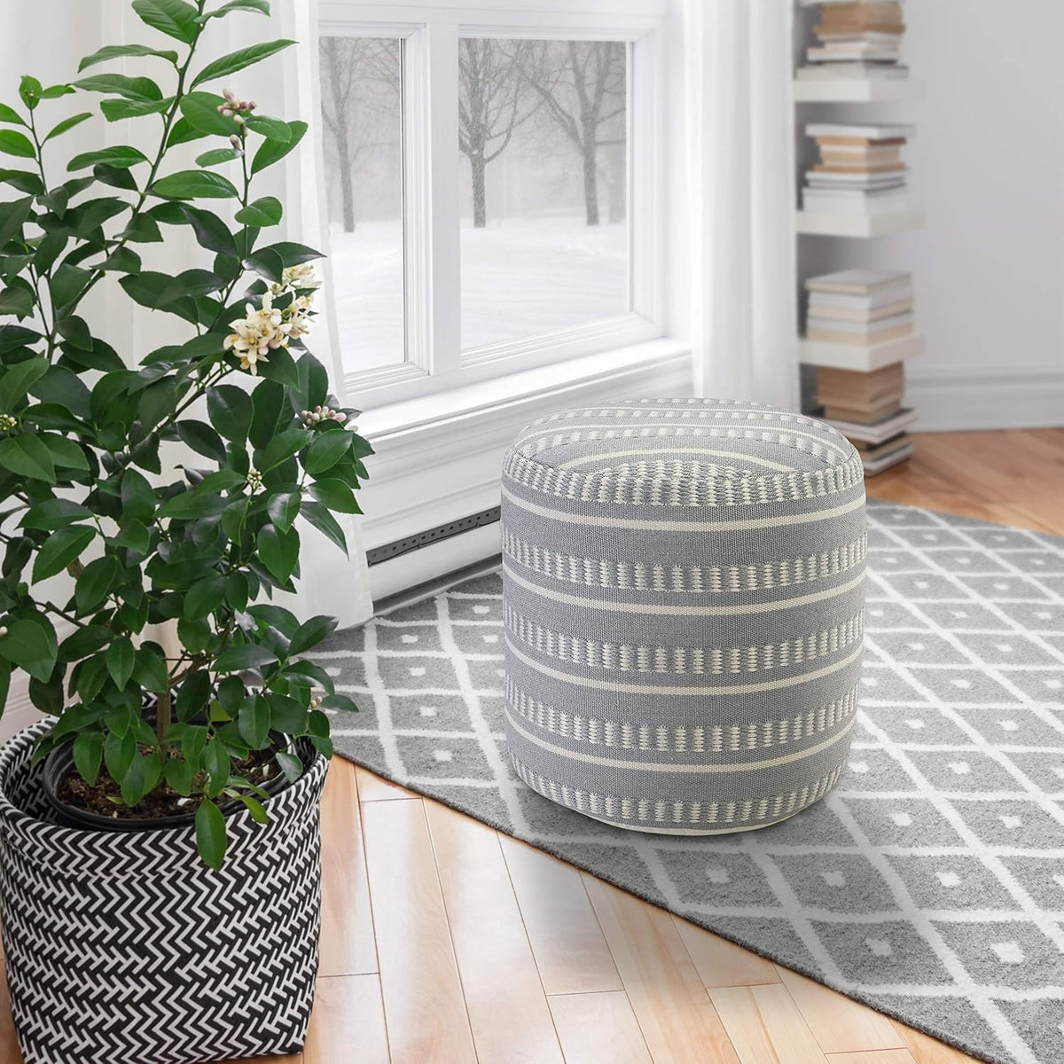 LR Home Dash and Stripe Geometric Indoor Outdoor Pouf, Blue/White, 20" x 20" x 20"