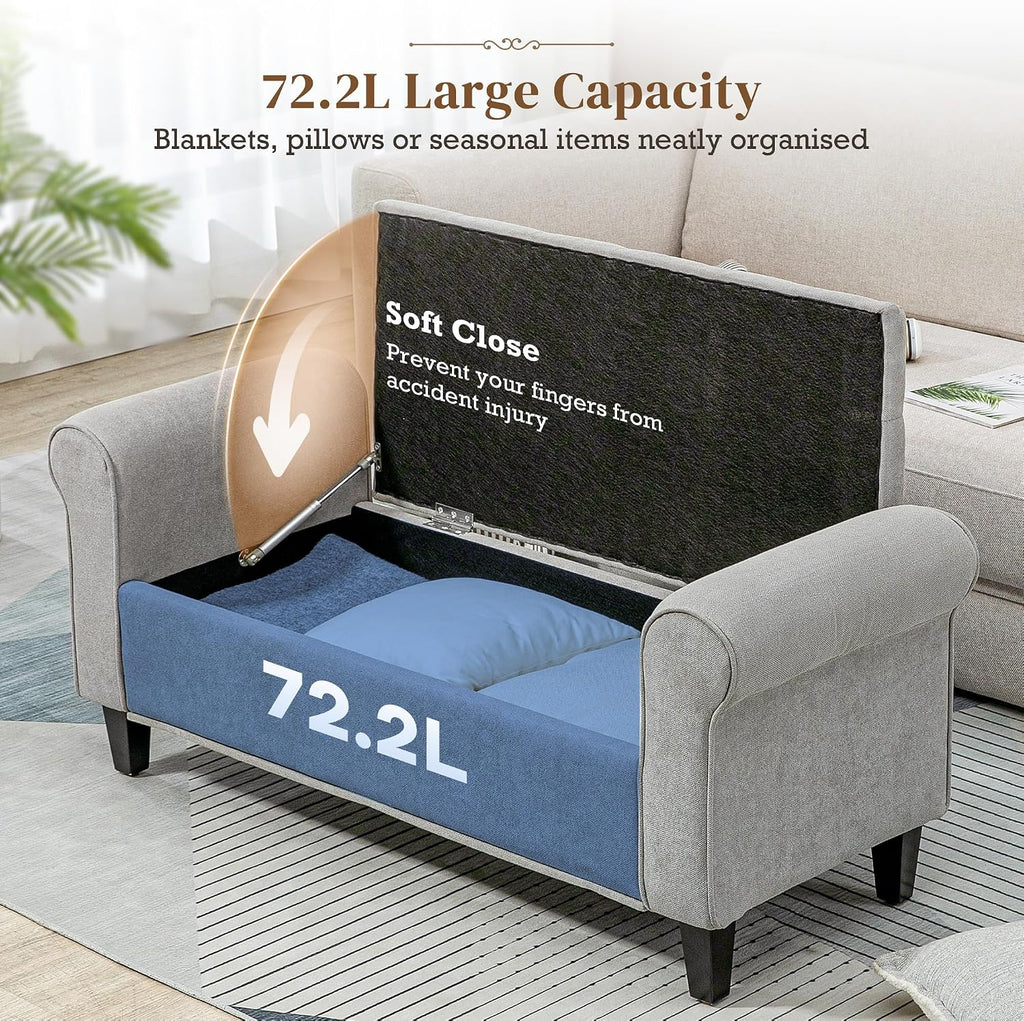 HOMCOM 50" Storage Ottoman Bench Button Tufted End of Bed Bench Gray | Upholstered, Rolled Arms, Wood Legs, Safety Hinges, for Living Room, Entryway, Bedroom
