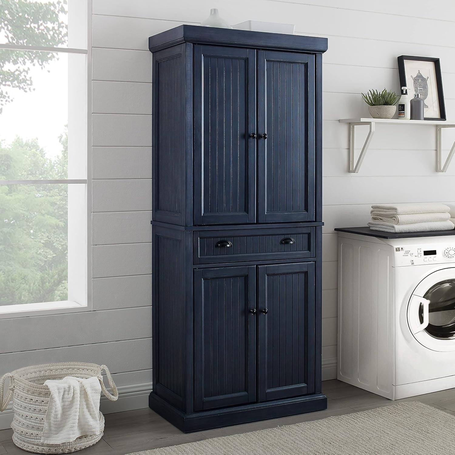 Crosley Furniture Seaside Coastal Pantry Storage Cabinet with Shelves, Kitchen, Dining, or Laundry Room, Distressed Navy