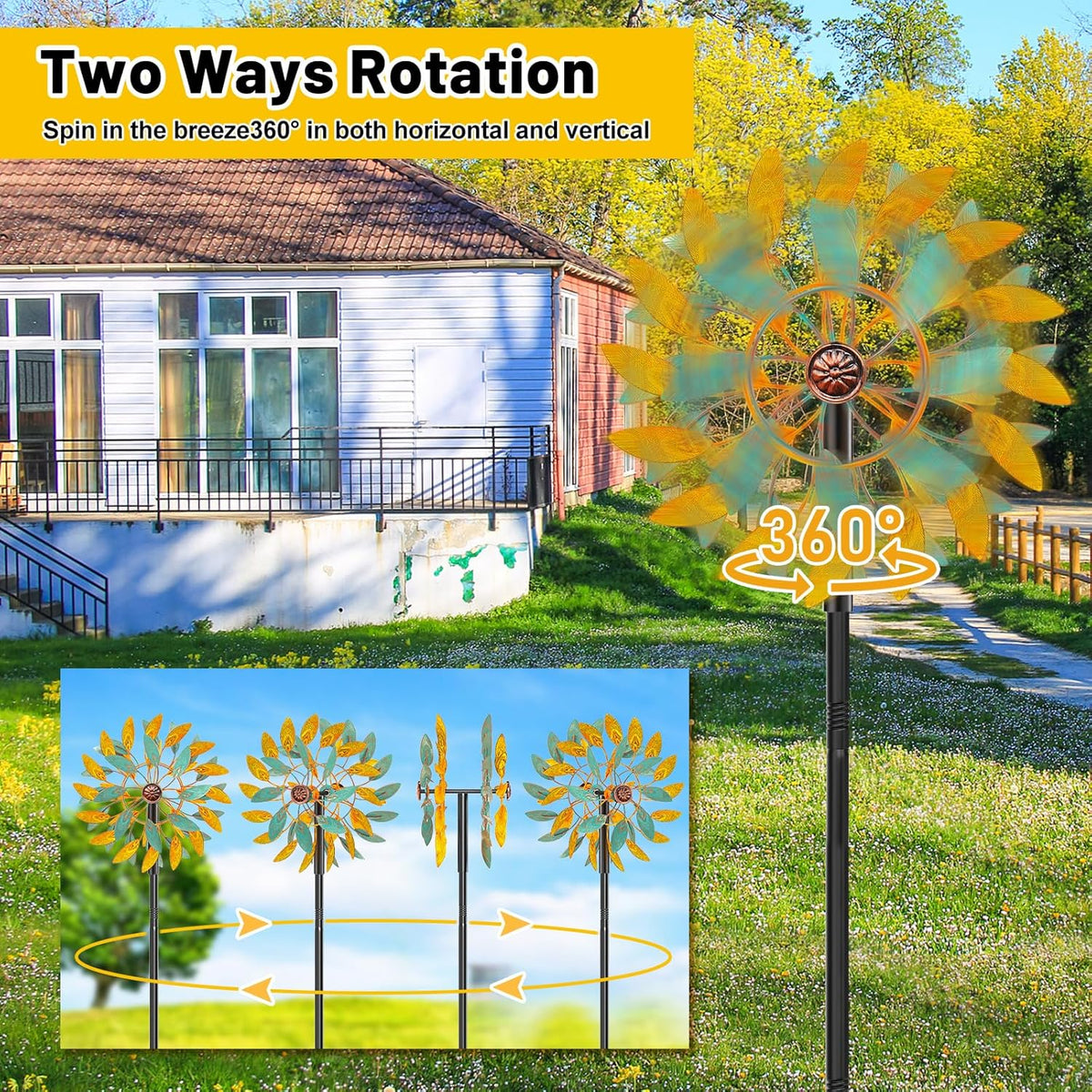 Metal Wind Spinners Outdoor, Kinetic Garden Wndmills,Yard Art Windmill with Metal Stake,Vintage Wind Sculptures & Spinners,Waterproof Pinwheels Large Wind Mill for Patio Lawn Yard Garden (Yellow+Blue)