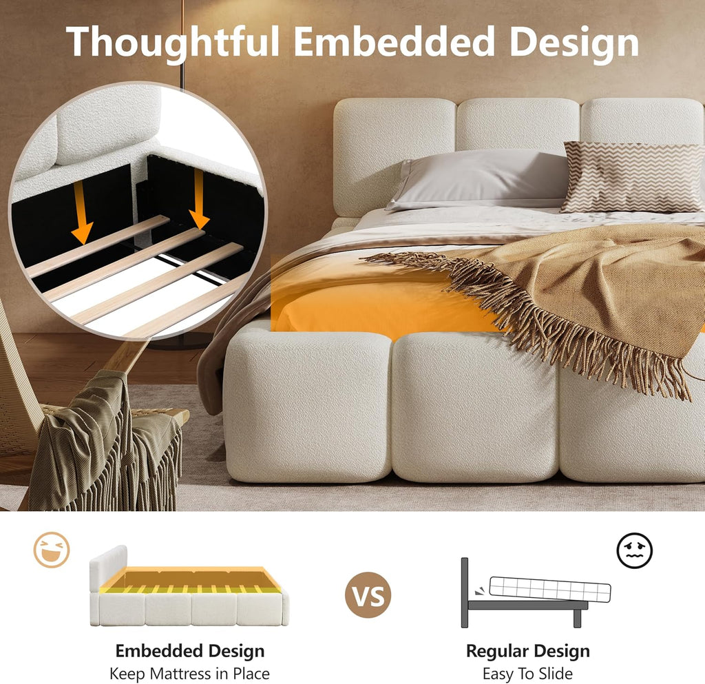 Christopher Knight Home Hazel Queen Size Platform Bed, Boucle Thick Headboard and Footboard, Upholstery Grounded Beds, Block Style, Wood Slat Panel Support, No Spring Box Needed, Easy Assembly, White