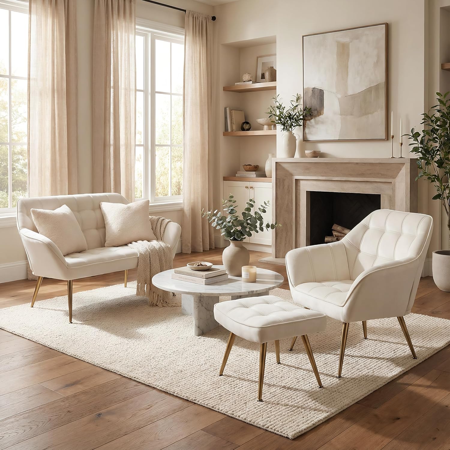 48”Small Loveseat Sofa, Modern Velvet Upholstered Mini Couch 2-Seater Fluffy Love Seat with Quilting Backs and Metal Legs for Small Space Living Room, Bedroom, Beige
