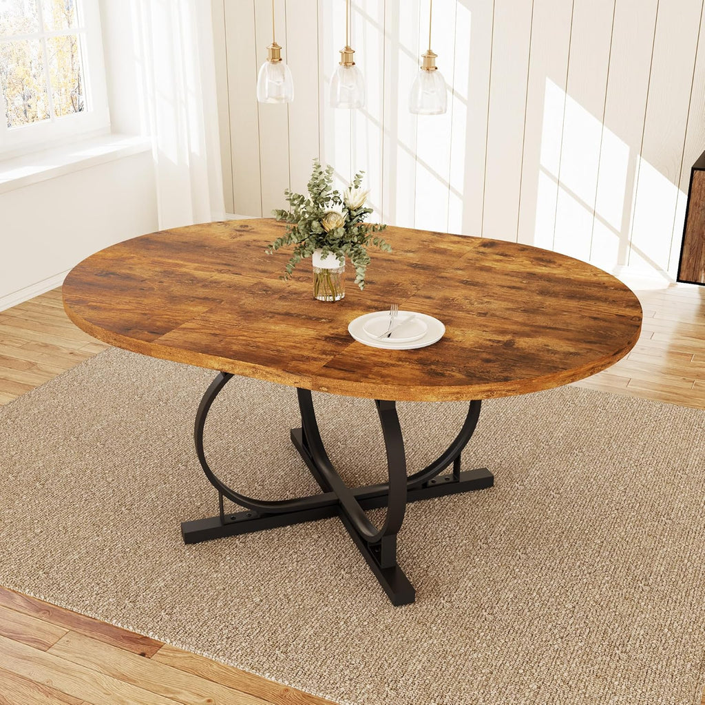 HIPIHOM 43.3"-59" Extendable Round Dining Table for 4-6 People, Modern Kitchen Oval Dining Table with Sturdy X-Base Metal Legs, Space Saving, MDF Board for Kitchen Dining Room (Vintage Brown)