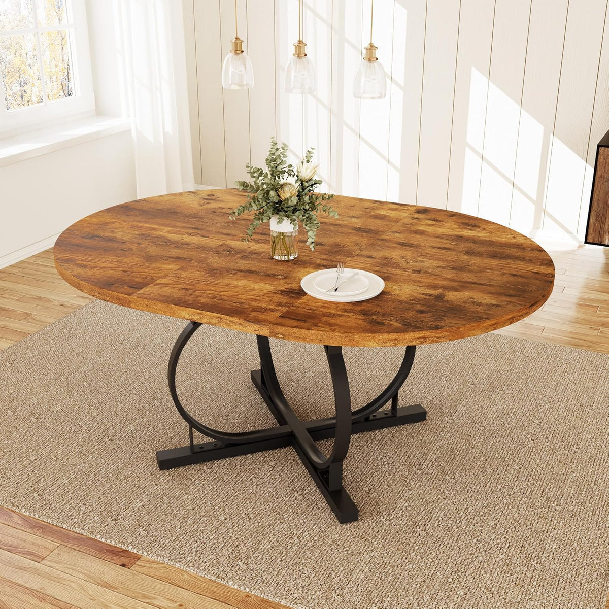 HIPIHOM 43.3"-59" Extendable Round Dining Table for 4-6 People, Modern Kitchen Oval Dining Table with Sturdy X-Base Metal Legs, Space Saving, MDF Board for Kitchen Dining Room (Vintage Brown)