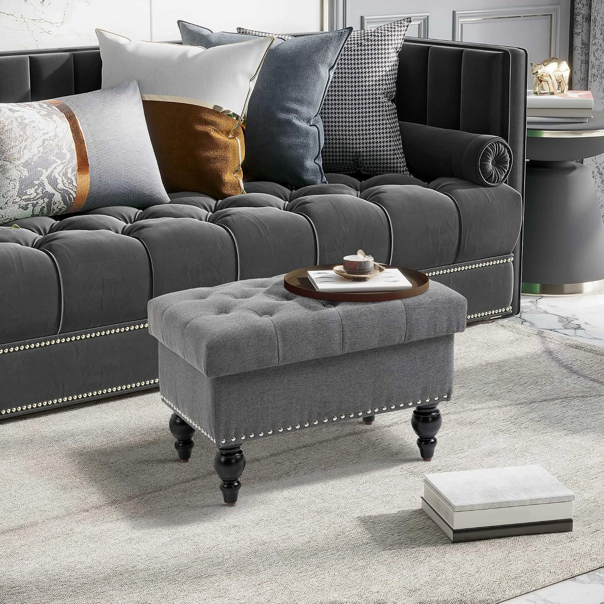 Versatile Upholstered Storage Ottoman with Tufted Lid and Nailhead Trim for Living Room, Bedroom or Entryway