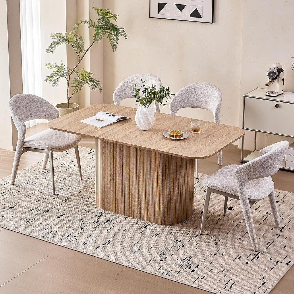 63" Large Dining Table for 4 6, [Rounded Corners] [Grooved Pedestal Base] Modern Rectangle Kitchen Dinner Dining Living Room Table