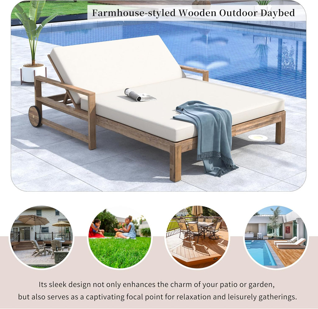 Merax Acacia Wood Outdoor Daybed Sofa, Farmhouse Patio Sun Lounger with Adjustable Backrest, High-Density Cushions & Removable Wheels, Weather Resistant for Garden, Poolside, Backyard, Beige