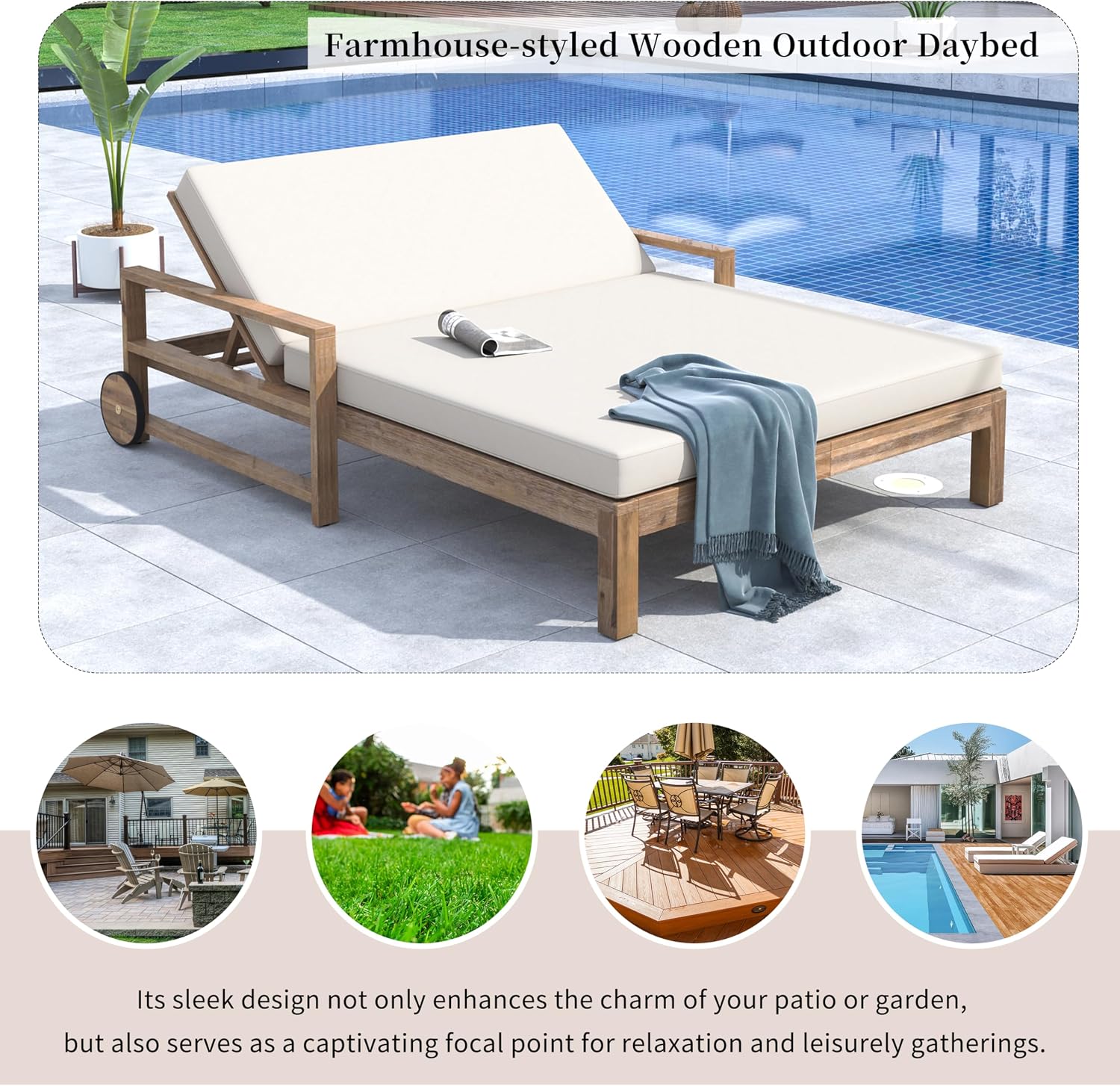 Merax Acacia Wood Outdoor Daybed Sofa, Farmhouse Patio Sun Lounger with Adjustable Backrest, High-Density Cushions & Removable Wheels, Weather Resistant for Garden, Poolside, Backyard, Beige