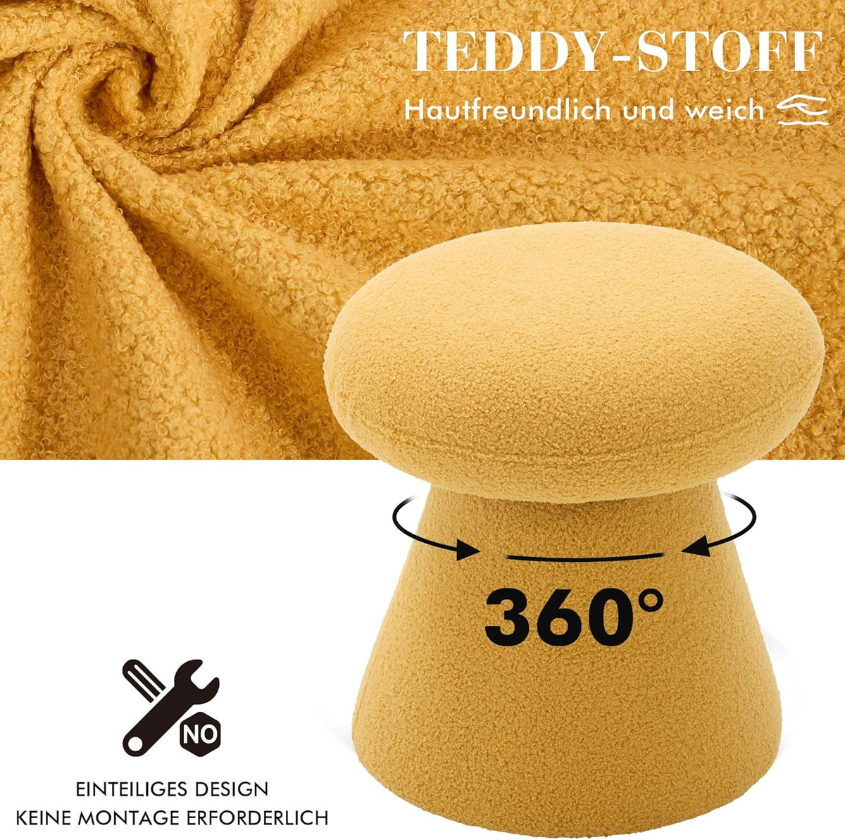 FOXHUNTER Mushroom Ottoman Foot Rest Pouf Ottoman with 360° Rotation, Footstool for Makeup Room Living Room Bedroom Entrance(Yellow, Teddy)