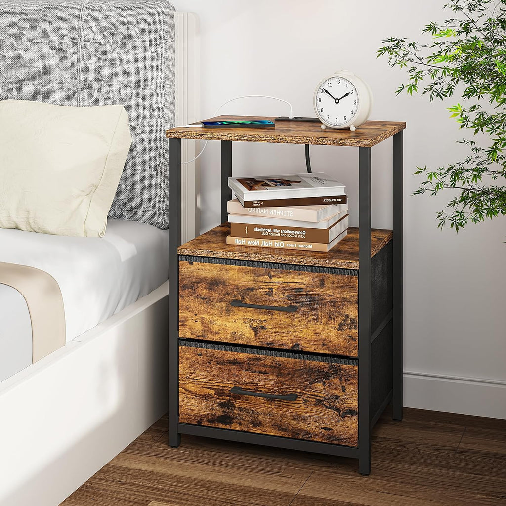 TUTOTAK End Table with Charging Station, Night Stand | Side Table with 2 USB Ports and Outlets, Nightstand with Cloth Drawer, Bedside Table for Livingroom, Bedroom Brown TB01BB088