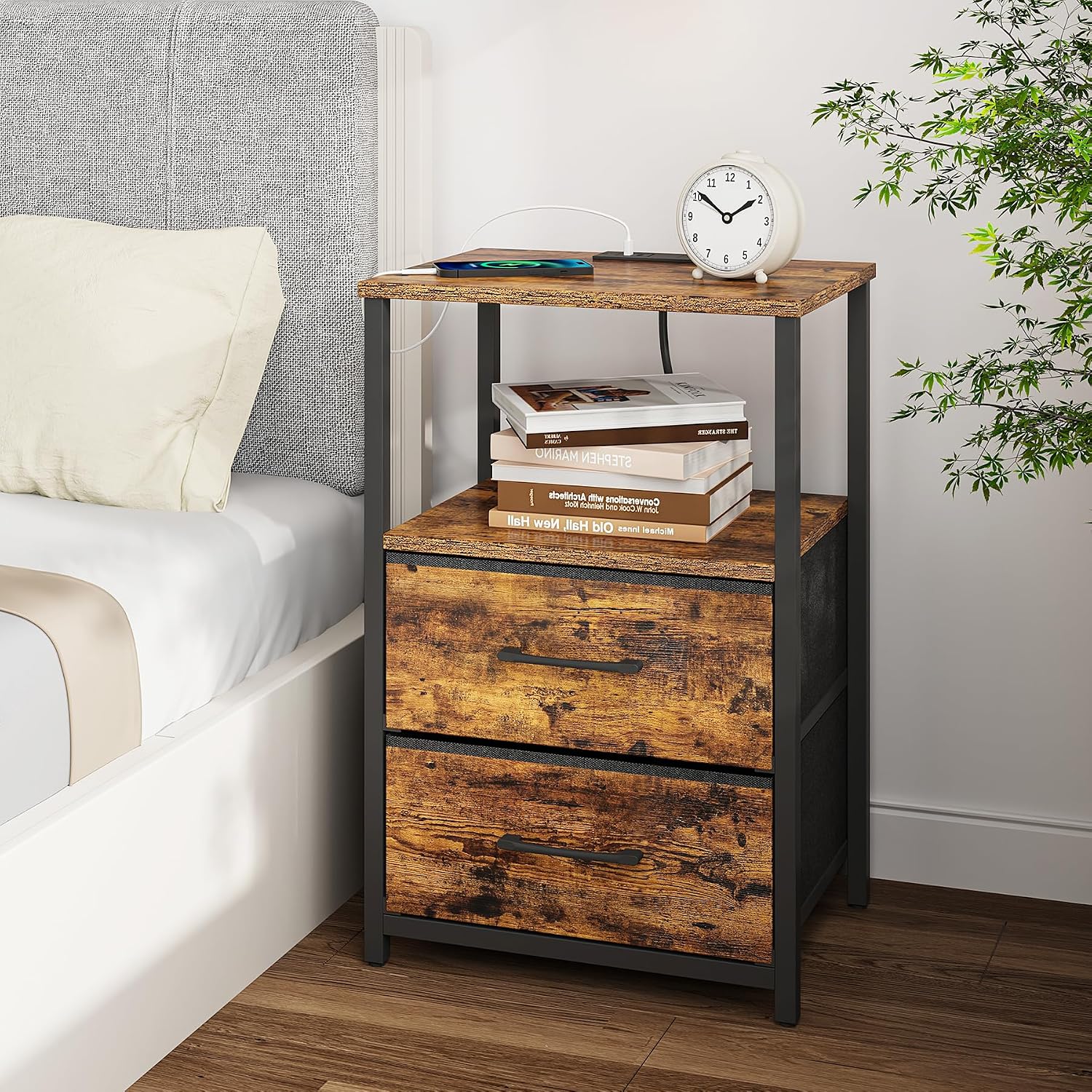 TUTOTAK End Table with Charging Station, Night Stand | Side Table with 2 USB Ports and Outlets, Nightstand with Cloth Drawer, Bedside Table for Livingroom, Bedroom Brown TB01BB088
