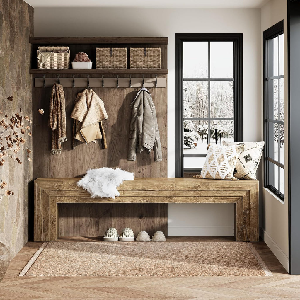 Tribesigns 71" Extra Long Entryway Bench, Modern Farmhouse Shoe Bench Wooden Indoor Seating with Layered Design for Hallway, End of Bed, Living Room, Sofa Back, Dining Room, Brown