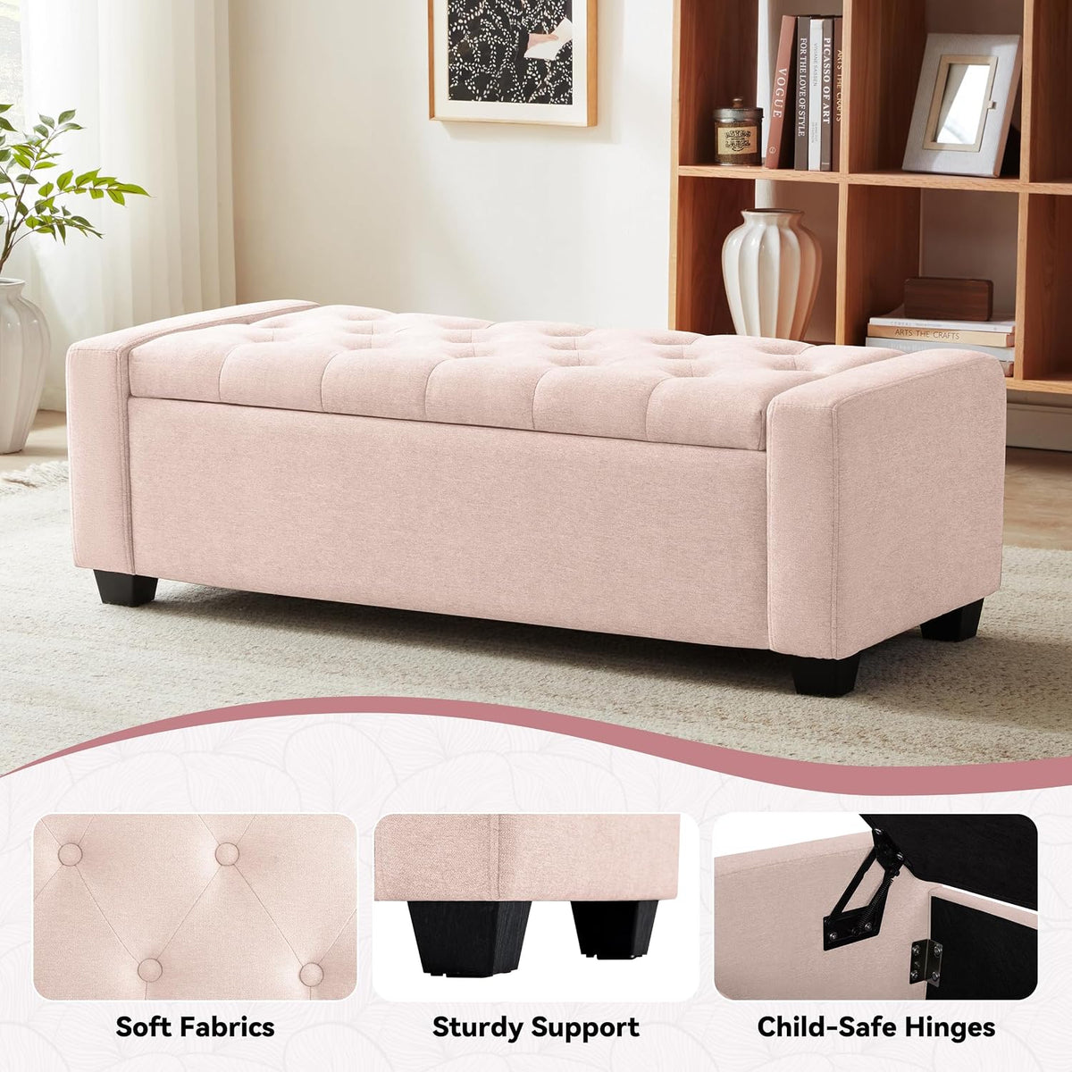 Mangodan 48" Ottoman with Storage, Soft Storage Ottoman Bench for Bedroom, Tufted Upholstered Window Benches, End of Bed Bench for Living Room, Entryway Bench with Seating, Foot Rest, Pink