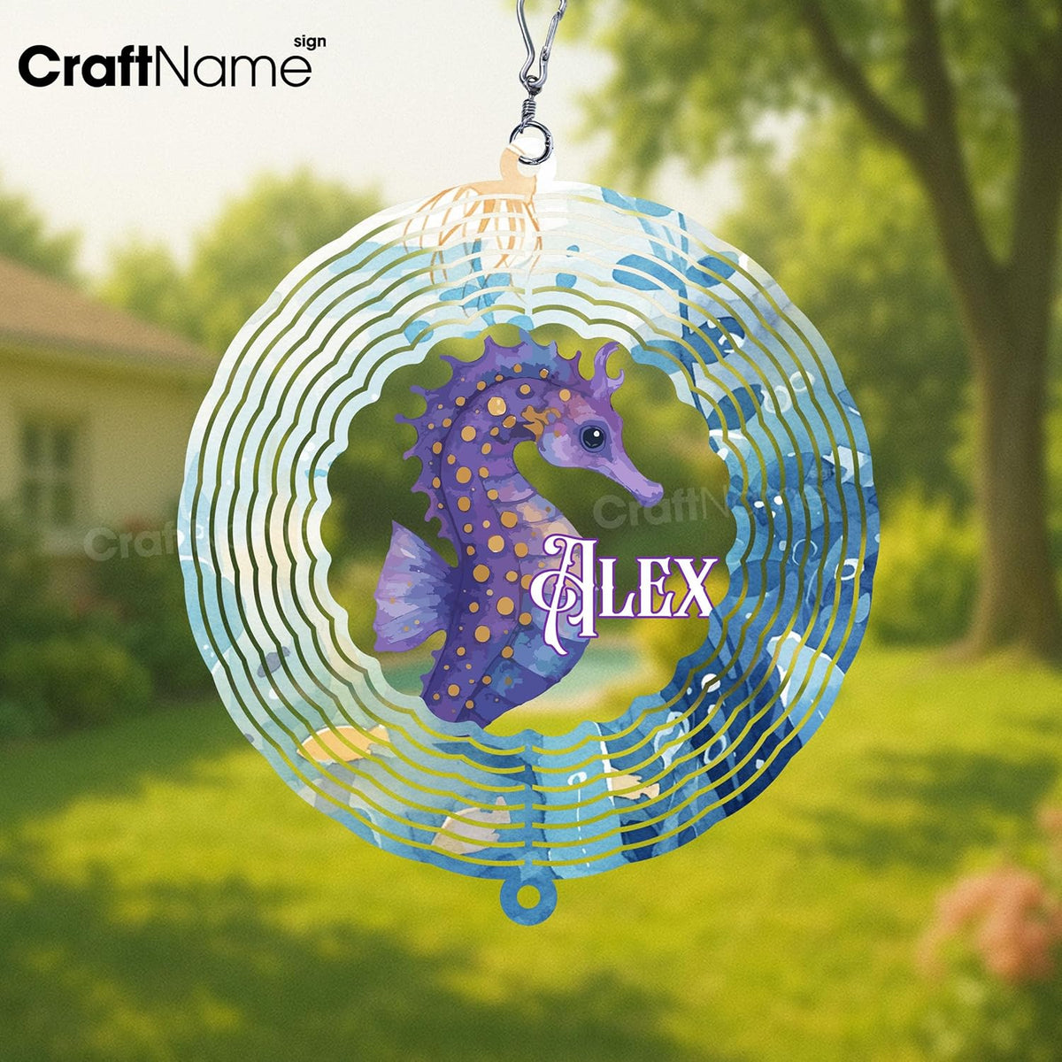 Personalized Hippocampus Wind Spinner 3D Stainless Steel, Hippocampus Garden Spinner Hanging Outdoor Decor, Wind Spinners Outdoor, Custom Gift for Grandmother, Mom, Wife