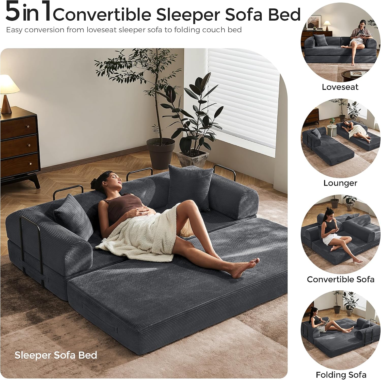 79" Convertible Futon Sofa Bed, Couch for Living Room | Dark Gray | Folding Corduroy Sleeper Sofa, Modular Futon Couch with Fixed-Shape Frame, Pull Out Couch No Assembly