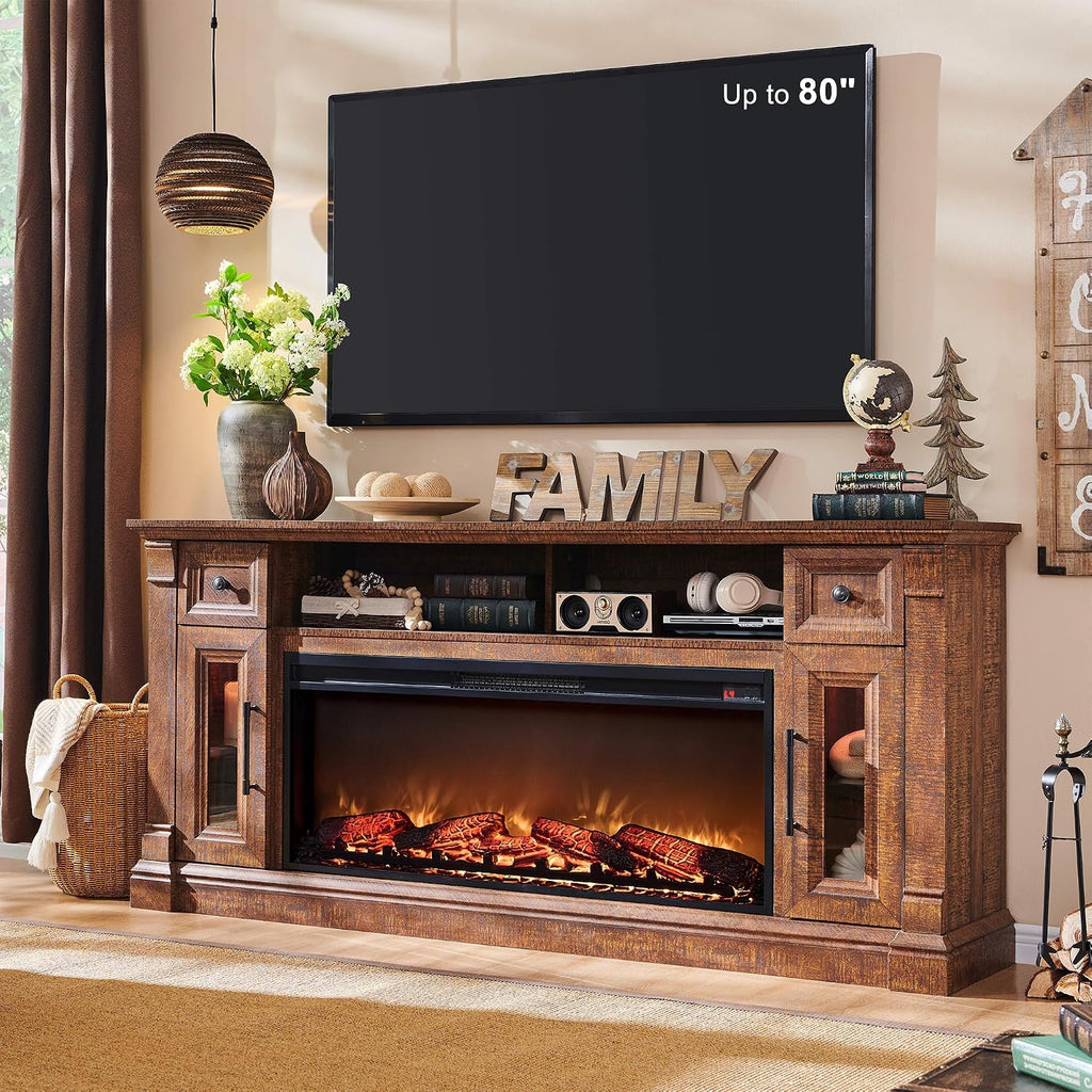 OKD 70" Farmhouse Fireplace TV Stand for TVs Up to 80", Reclaimed Barnwood | 42" Electric Fireplace, Color Changing Flame, 2 Open Cubbies, 2 Spacious Drawers, LED Glass Door Cabinets, Retro Handles