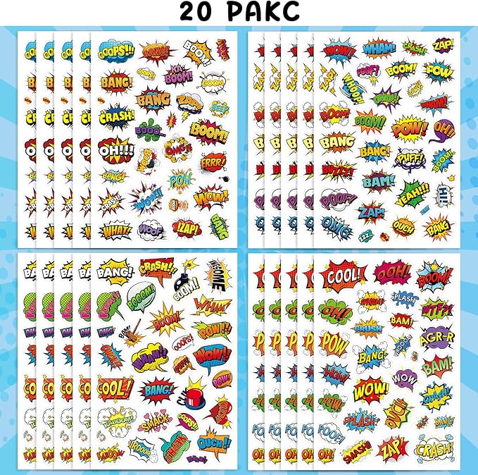 Cool Superhero Stickers 615 Count Boom Party Favors Goodie Gifts Bags Decor for Birthday Invitations Adhesive Stickers Decorations Cartoon Comic Style Stickers