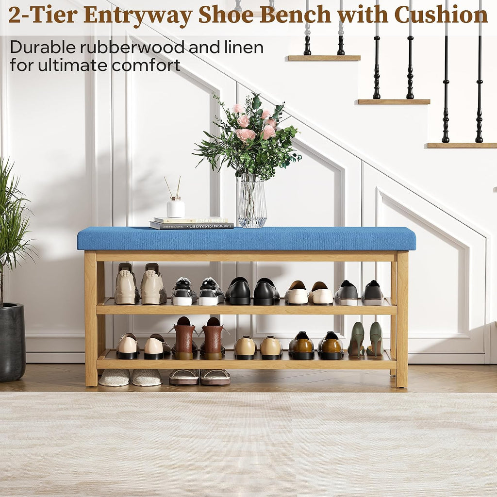 2 Tier Shoe Rack Bench with Cushion, Rubberwood Shoe Benches, Mid-Century Modern Shoe Storage Bench for Entryway, Hallway, Living Room, Closet, Front Door Entrance, Blue